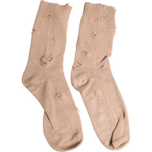Dolce & Gabbana Beige Solid Stretch Mid Calf Men Socks Dolce & Gabbana Tan