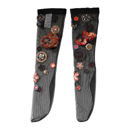 Dolce & Gabbana Black Stretch Carretto Crystal Stockings Socks