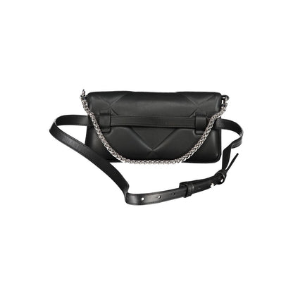 Calvin Klein Black Cotton Handbag with chain shoulder handle and adjustable belt, featuring magnetic closure and logo, front view.