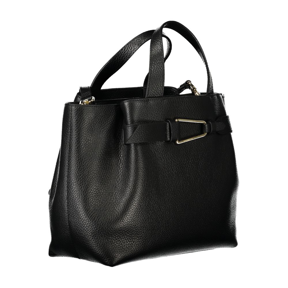Coccinelle Black Leather Women Handbag with structured silhouette, dual handles, and adjustable removable shoulder strap.