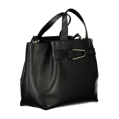Coccinelle Black Leather Women Handbag with structured silhouette, dual handles, and adjustable removable shoulder strap.