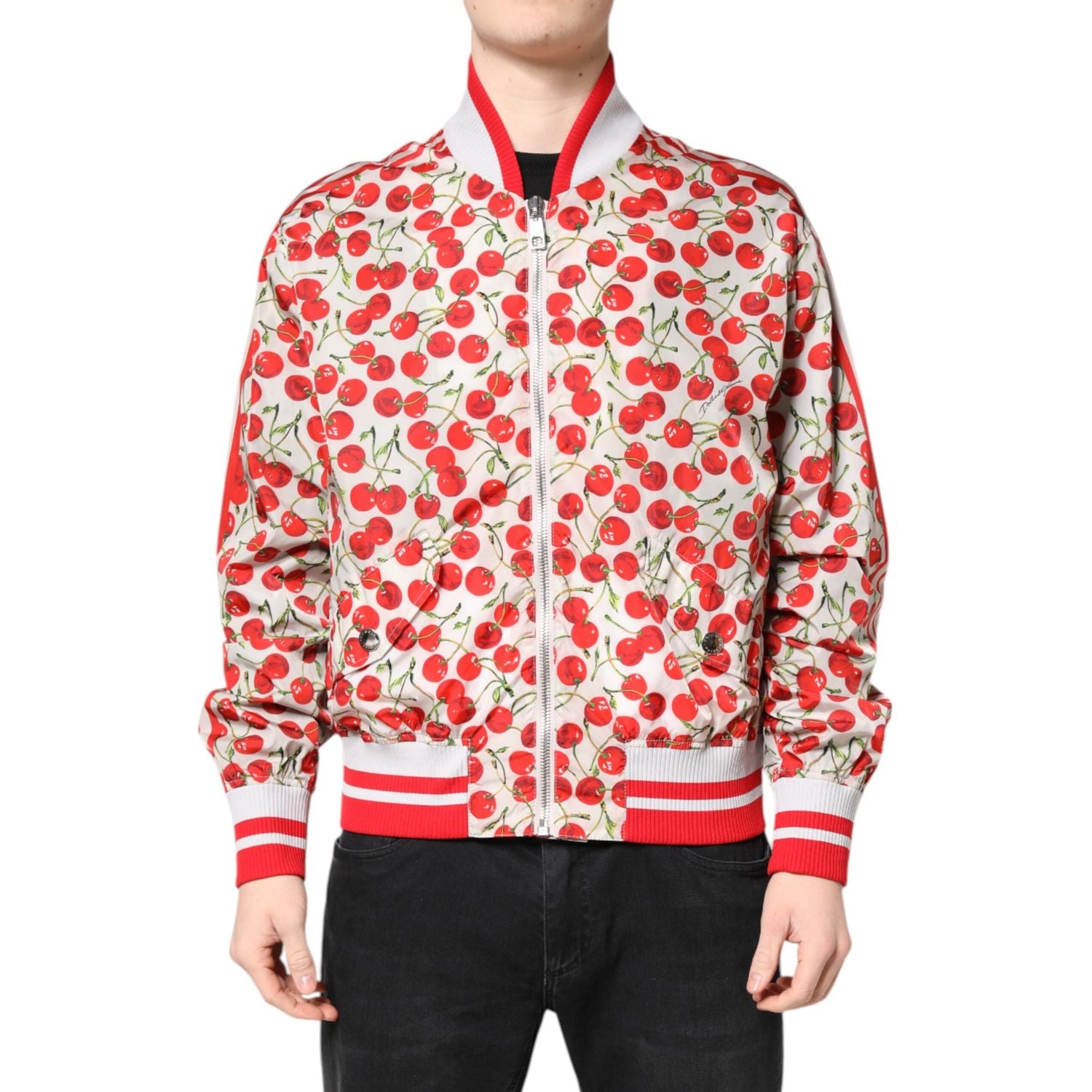 Dolce & Gabbana White Cherry Print Full Zip Bomber Jacket