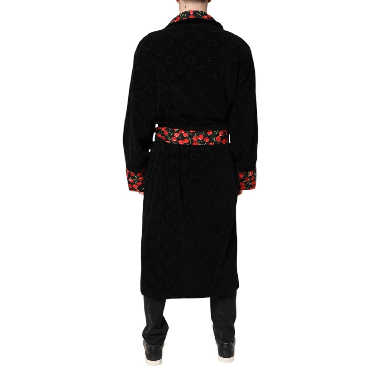 Dolce & Gabbana Black Cherry Print Wrap Robe Men Coat Jacket