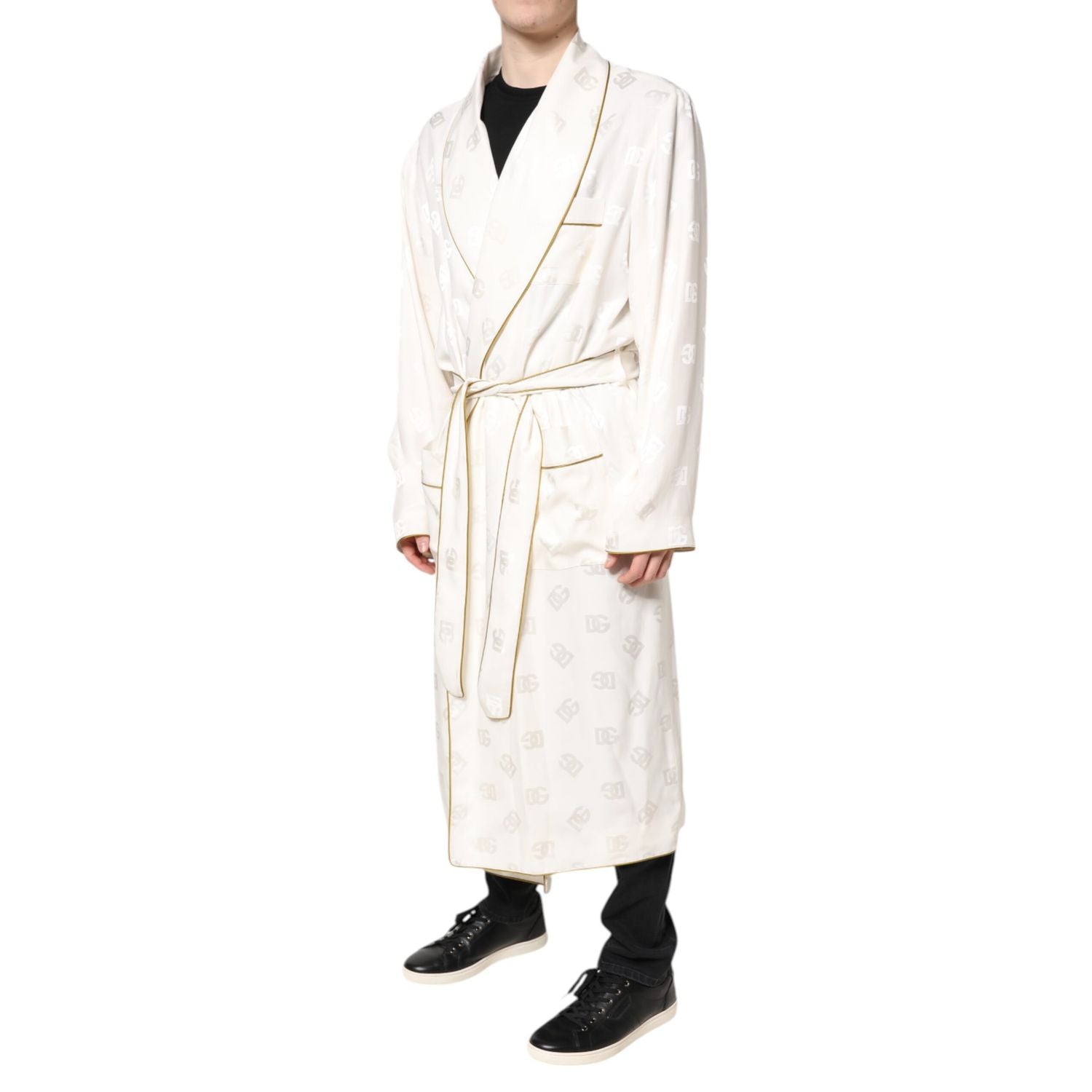 Dolce & Gabbana Ivory Silk Logo Men Wrap Robe Coat Jacket