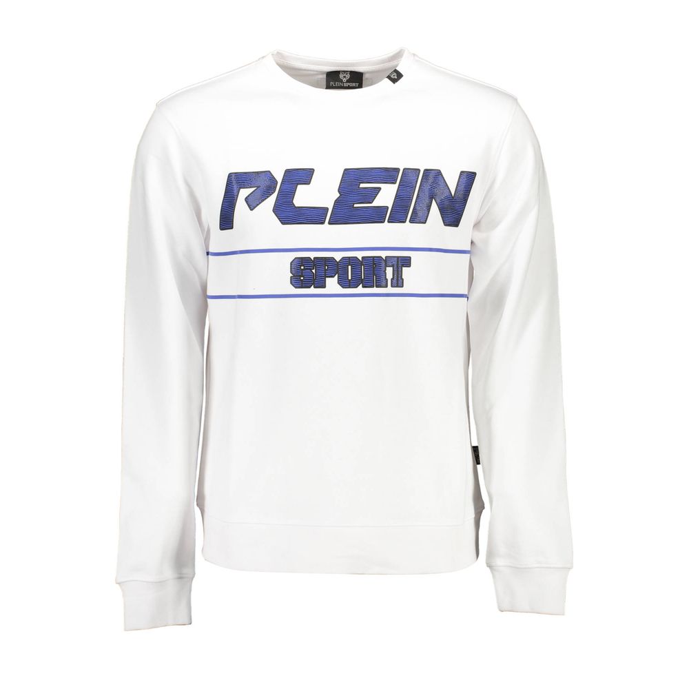 Plein Sport White Cotton Men Sweater with bold logo, sleek long sleeve, and classic crew neck design for fashion-forward style.