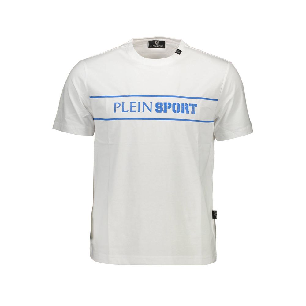 Plein Sport White Cotton Men T-Shirt with bold logo and contrasting details, perfect for modern fashion statements.