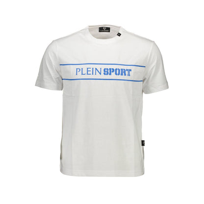 Plein Sport White Cotton Men T-Shirt with bold logo and contrasting details, perfect for modern fashion statements.