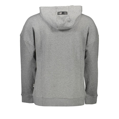 Back view of Plein Sport Gray Cotton Men Sweater showcasing hood and contrast details, offering bold sports luxury style.