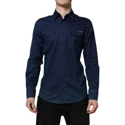 Dolce & Gabbana Blue Cotton GOLD Long Sleeves Casual Shirt