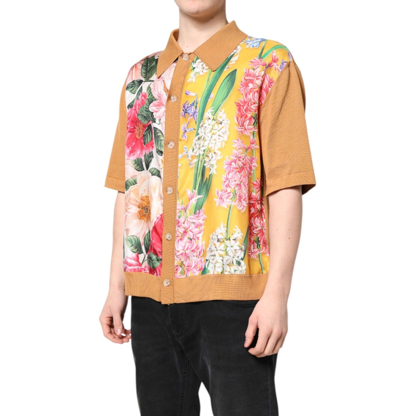 Dolce & Gabbana Brown Floral Collared Short Sleeve T-shirt