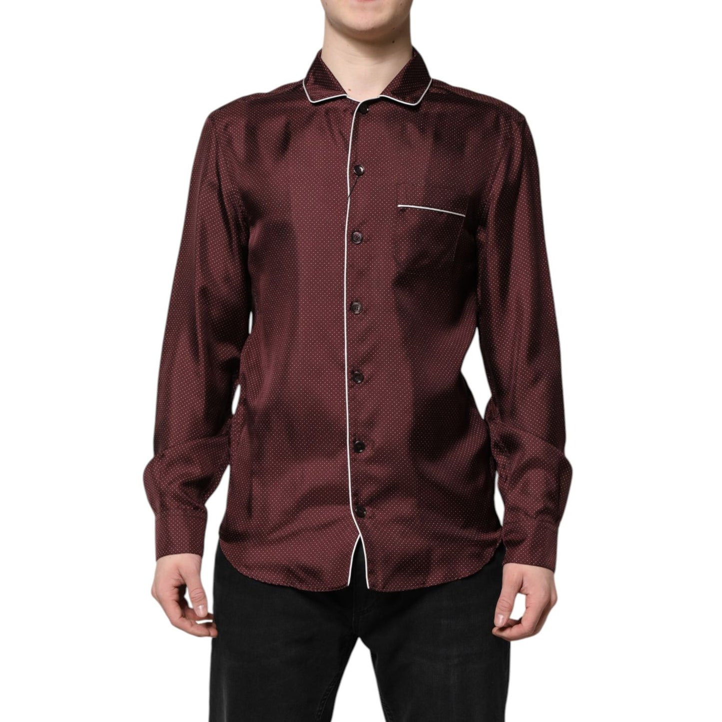 Dolce & Gabbana Burgundy Silk Dotted Long Sleeves Shirt