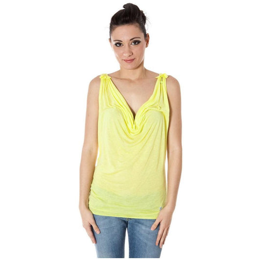 Zuelements Yellow Viscose Women Top with narrow-shoulder design and back crossover, shown worn by a model. Bold summer fashion.