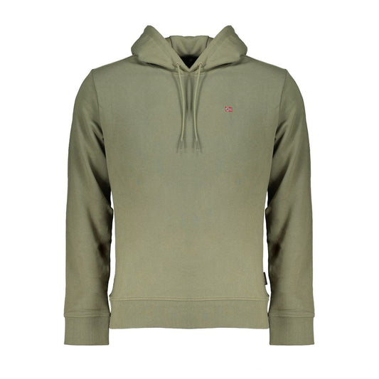Napapijri Green Cotton Men Sweater with hood and embroidered logo, showcasing casual elegance and trendsetting style in soft fabric.