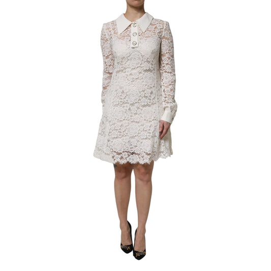 Dolce & Gabbana White Floral Lace Long Sleeves A-line Dress DR81499-42