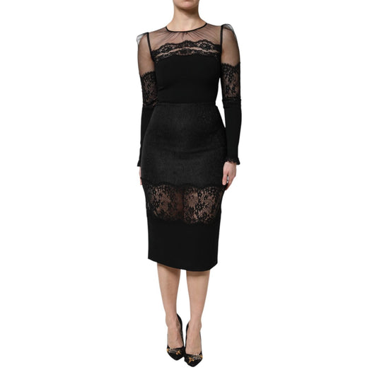 Dolce & Gabbana Black Lace Trim Nylon Tulle Sheath Midi Dress DR81507-42