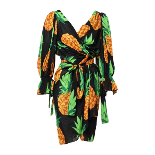 Dolce & Gabbana Black Pineapple Print Silk Wrap Mini Dress DR281254-38