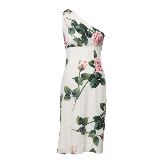 Dolce & Gabbana White Floral One Shoulder Sheath Midi Dress DR281301-36