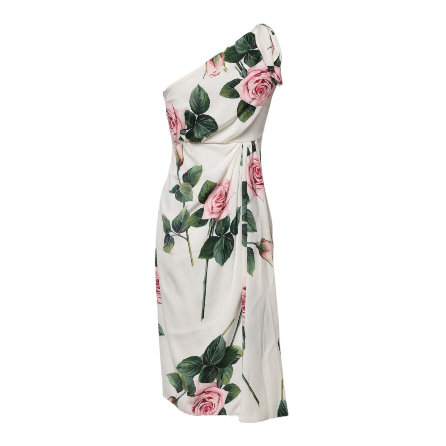 Dolce & Gabbana White Floral One Shoulder Sheath Midi Dress