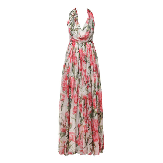 Dolce & Gabbana White Floral Silk Halter A-line Maxi Dress DR281310-38