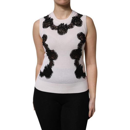 Dolce & Gabbana White Cashmere Floral Lace Detailing Tank Top THS90406-38
