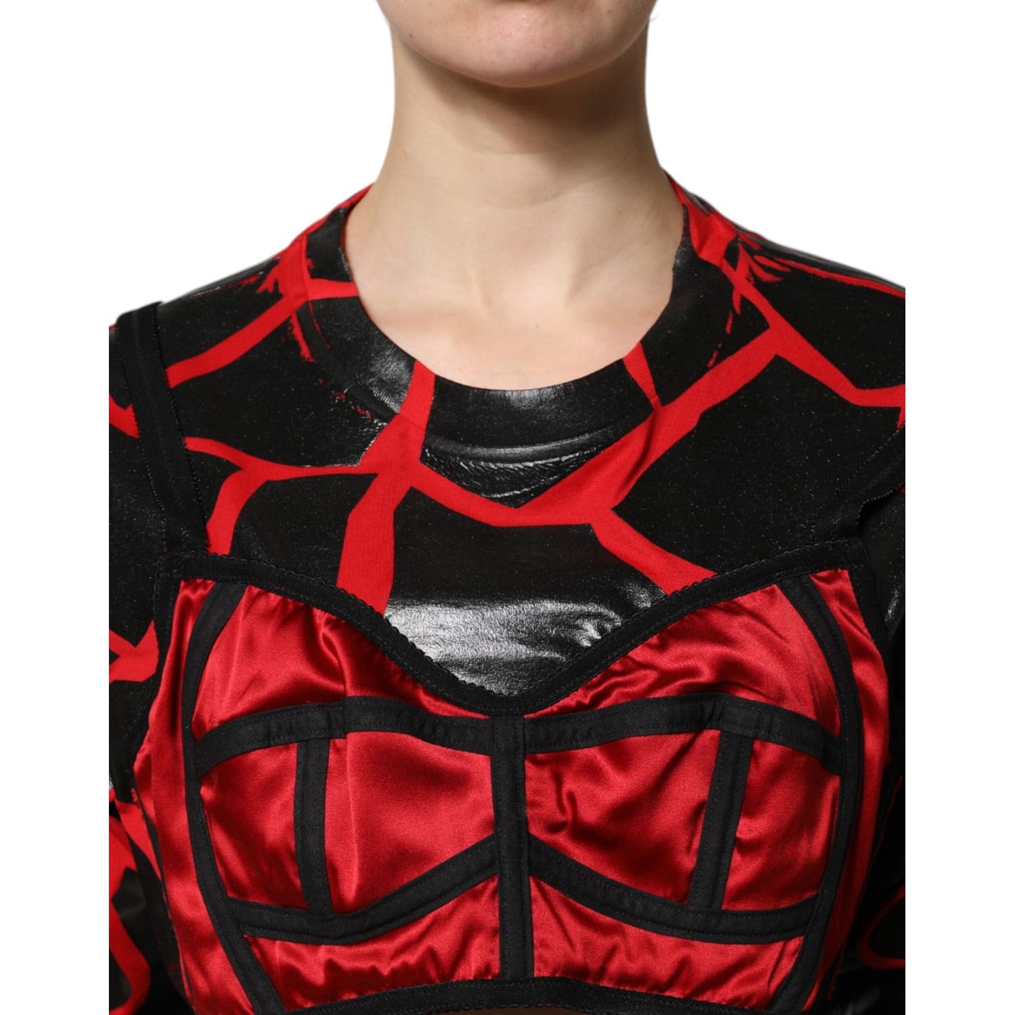 Dolce & Gabbana Red Black Cotton Bustier Detailing Cropped Top