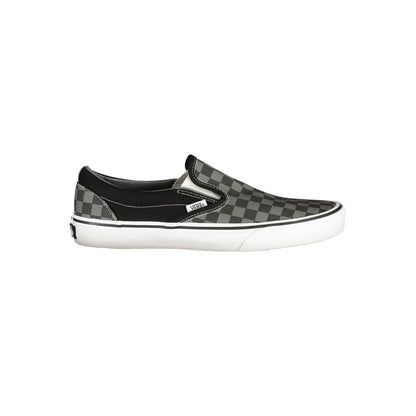 Vans Black Polyester Men Sneaker with black and checked design, iconic slip-on style, and elastic accents for a snug fit.