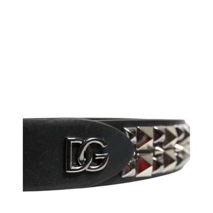 Dolce & Gabbana Black Calf Leather Studded Silver Buckle Belt