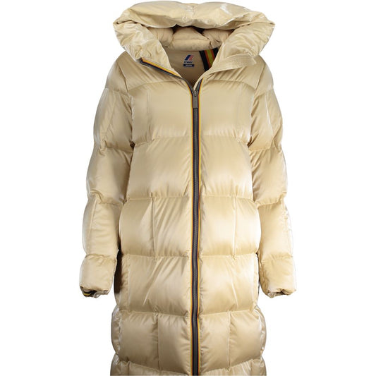K-WAY Beige Polyester Jackets & Coat with quilted design, hood, and zip closure