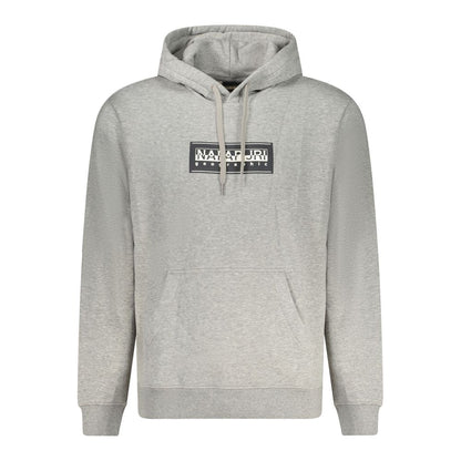 Napapijri Gray Cotton Men Sweater - Long sleeve gray hoodie with central pocket and logo design, combining comfort and style.