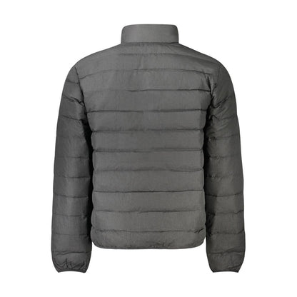 Calvin Klein Black Polyamide Men Jacket showcasing back design with quilted pattern, highlighting sustainable materials and sleek style.