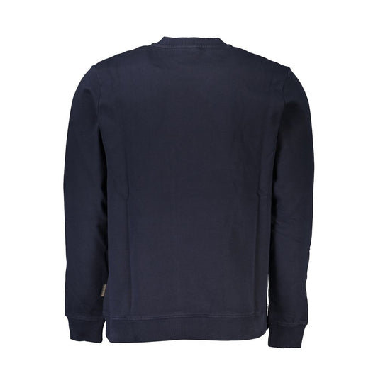 Back view of a Napapijri Blue Cotton Men Sweater showcasing its premium organic cotton fabric and classic long-sleeve design.