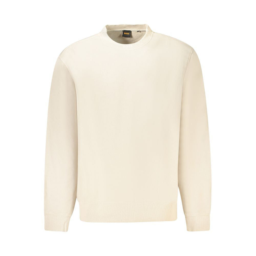 Hugo Boss Beige Cotton Men Sweater elegant organic sweatshirt with signature embroidery and classic design for refined fashion style.