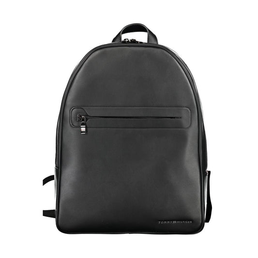 Tommy Hilfiger Black Polyester Backpack with zipper, external pocket, handle, adjustable straps, logo on front.