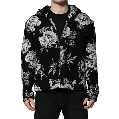 Dolce & Gabbana Black Wool Floral Printed Men Hooded Jacket