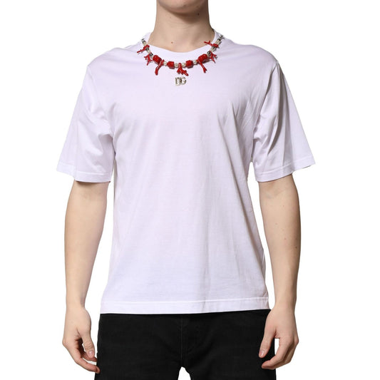 Dolce & Gabbana White Embellished Cotton Crew Neck T-shirt TSH90702-48