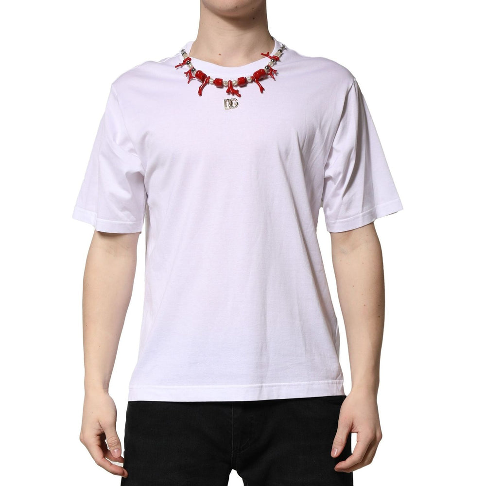 Dolce & Gabbana White Embellished Cotton Crew Neck T-shirt TSH90702-48