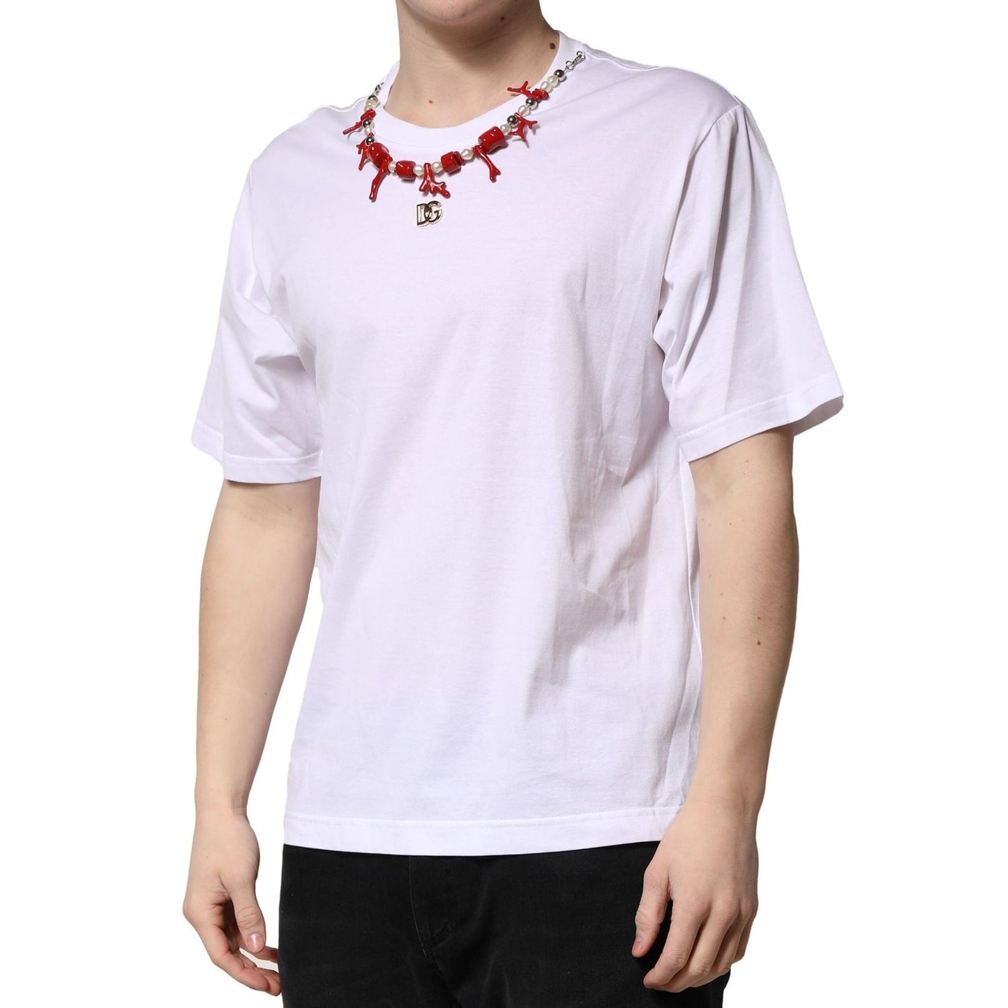 Dolce & Gabbana White Embellished Cotton Crew Neck T-shirt TSH90702-48