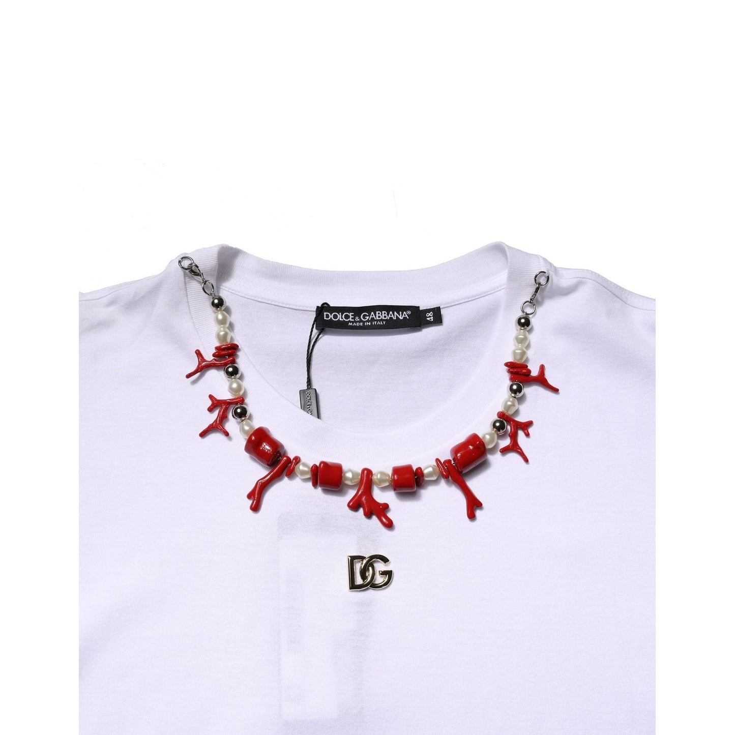 Dolce & Gabbana White Embellished Cotton Crew Neck T-shirt TSH90702-48