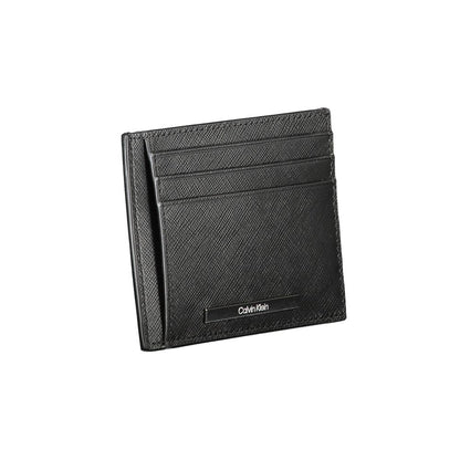 Calvin Klein Black Leather Wallet with card holder, central pocket, double card spaces, and logo details.