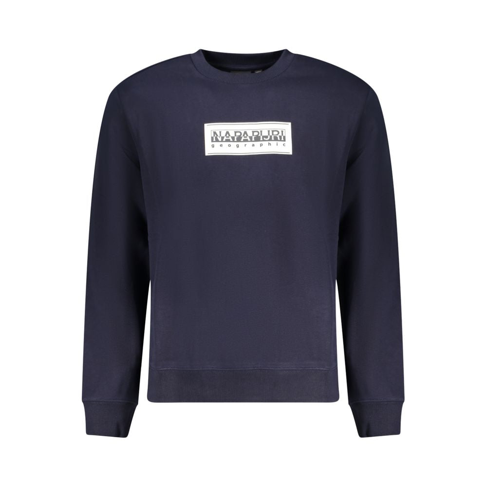 Napapijri Blue Cotton Men Sweater with bold logo print, long sleeves, relaxed fit, urban style; made of high-quality cotton and polyester.