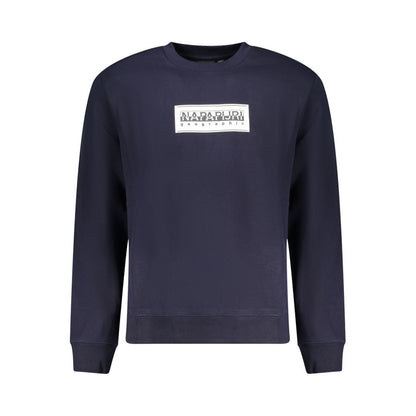 Napapijri Blue Cotton Men Sweater with bold logo print, long sleeves, relaxed fit, urban style; made of high-quality cotton and polyester.