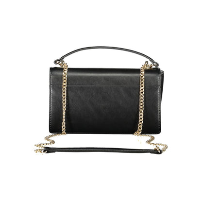 Mario Valentino Black Polyethylene Women Handbag with gold chain and handle on a white background.