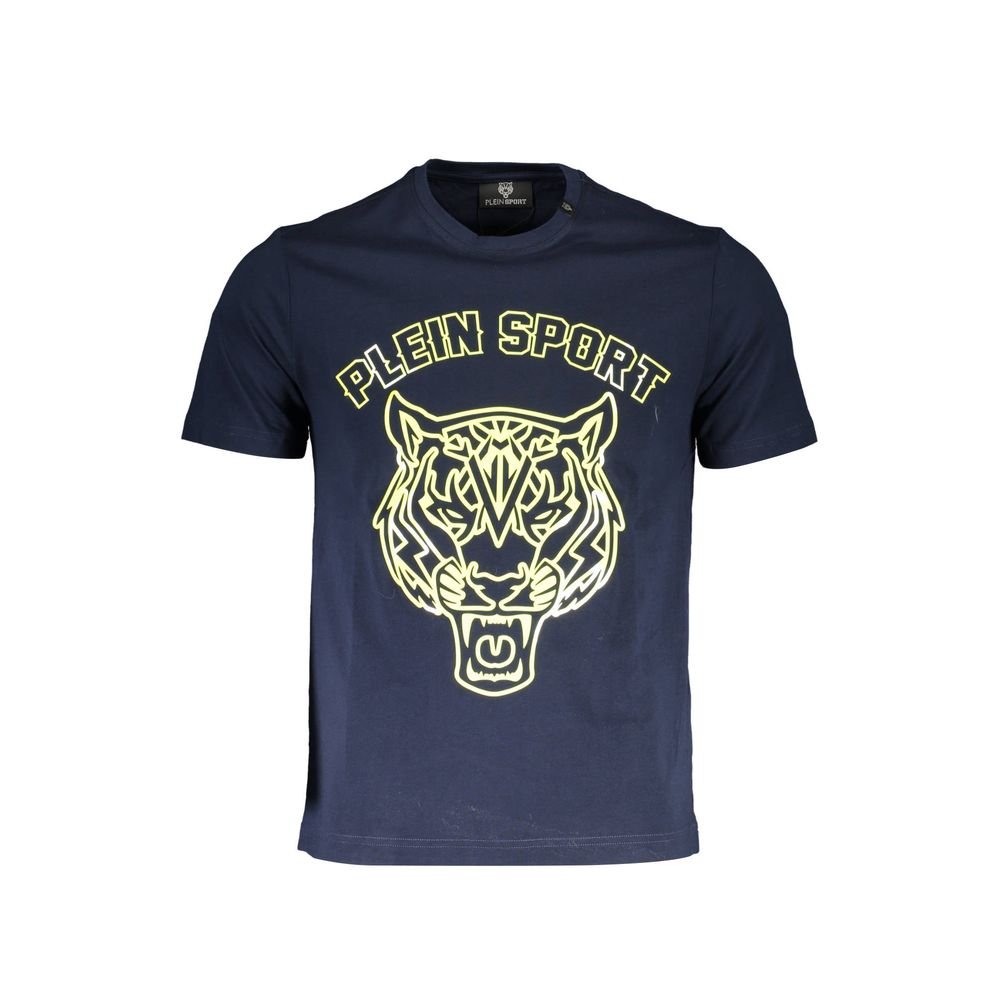 Plein Sport Blue Cotton Men T-Shirt with fierce tiger print and iconic logo for luxury sportswear enthusiasts.