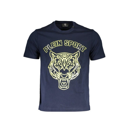 Plein Sport Blue Cotton Men T-Shirt with fierce tiger print and iconic logo for luxury sportswear enthusiasts.