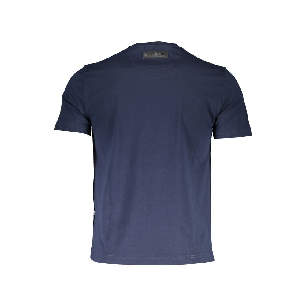Back view of Plein Sport Blue Cotton Men T-Shirt showcasing crew neck and luxurious sportswear style, made for bold trendsetters.