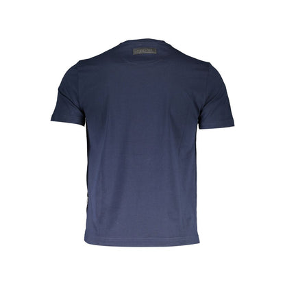 Back view of Plein Sport Blue Cotton Men T-Shirt showcasing crew neck and luxurious sportswear style, made for bold trendsetters.