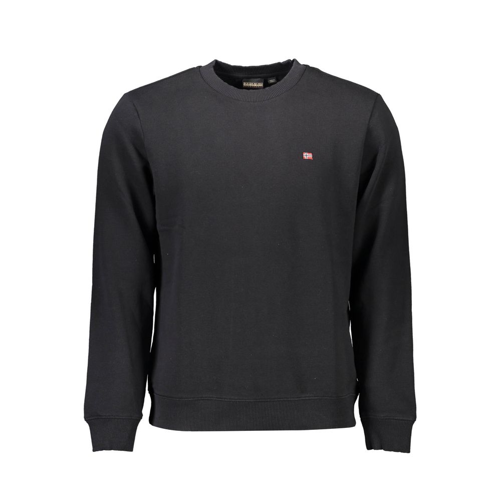 Napapijri Black Cotton Men Sweater with crew neck and embroidered logo for stylish comfort.