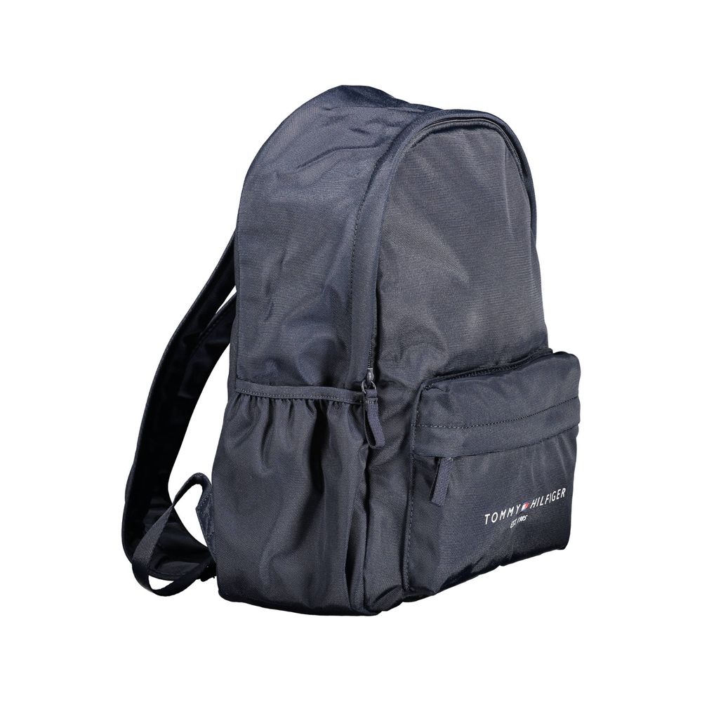 Tommy Hilfiger Blue Polyester Men Backpack with eco-friendly design, adjustable straps, and ample storage including side pockets.