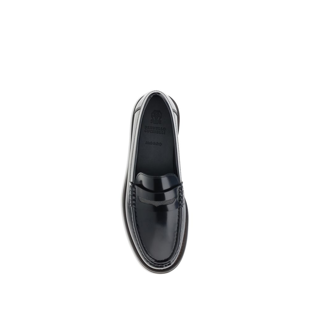Brunello Cucinelli Black Calf Leather Bos Taurus Slip-On Loafers