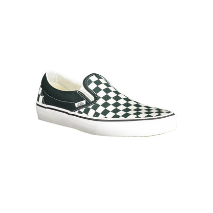 Vans Black Polyester Men Sneaker with checkered pattern, classic slip-on design, elastic accents, and signature Vans logo.